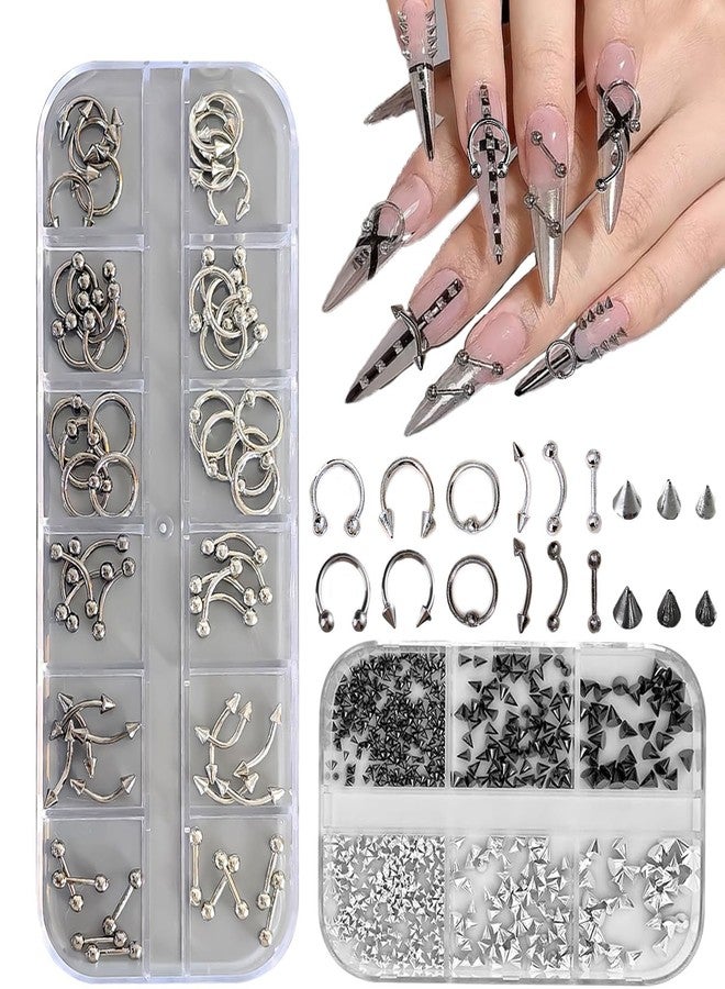 KACHIMOO Nail Piercing Charms,2 Boxes Metal Punk Goth Studs Silver Black Y2K Nail Charms with Piercing for Nail Art Decoration - Image 1